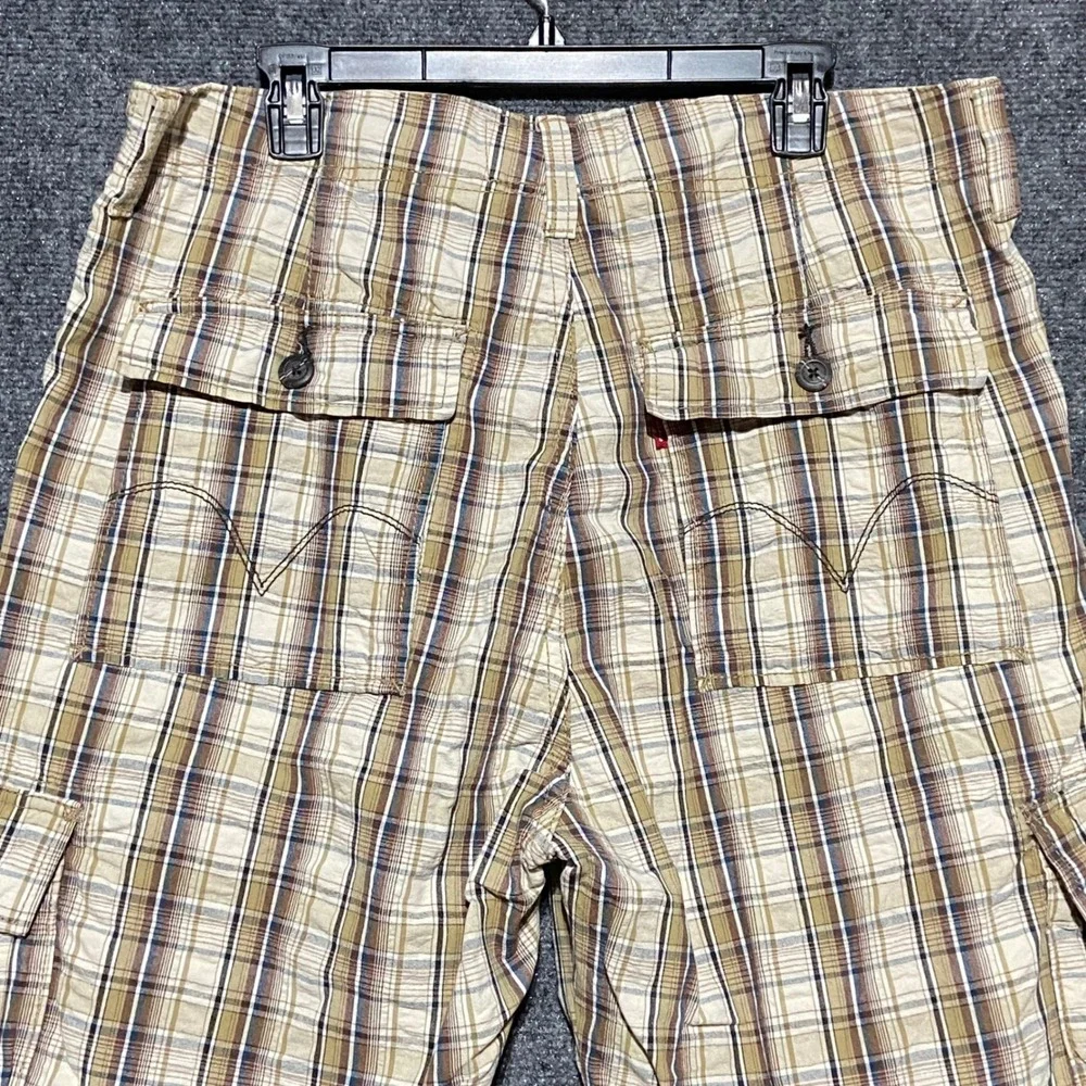 Levis Mens Plaid Cargo Shorts 37 Brown Blue Cotton Relaxed Fit Utility Hiking